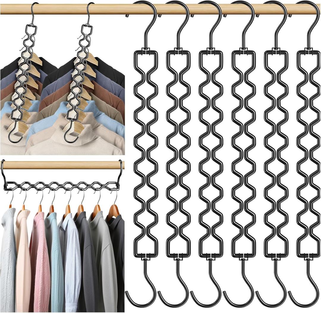 6 Pack Space Saving Hangers for Clothes, Heavy Duty 30Lbs Capacity Magic Clothes Space Saver Sturdy Metal Hanger Organizer with 360 Swivel Hook, Closet Organizers Storage Dorm Essentials Black