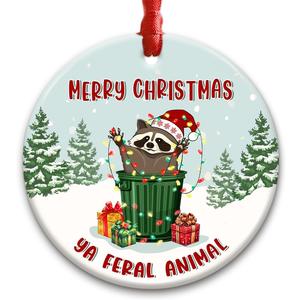 2 x Funny Raccoon Christmas Ornament 2025 - Cute Ceramic Animal Decoration, for Neighbors, Friends & Family who Loves Raccoons - Adorable Trash Panda for Christmas Tree
