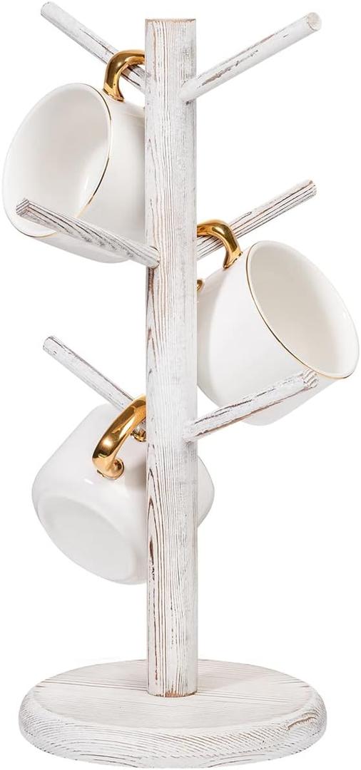 Dorhors Mug Holder Tree,Coffee Cup Holder with 6 Hooks, Wood Mug Rack for Counter,Coffee Bar Accessories and Orgnizer Station (Rustic White)