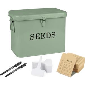 Seed Storage Organizer, T-Shape Compartment Seed Box with Safety Lock, Metal Seed Saving Box, Portable Seed Bin Container with Handle, Including 2 Pens 20 Plant Labels 50 Seed Envelopes-Green
