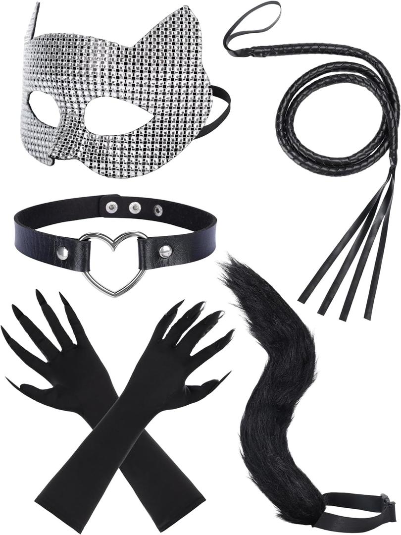 Cat Costume Accessories for Women Halloween Cat Woman Mask Collar Choker Bow Paw Gloves Whip Tail (Silver)
