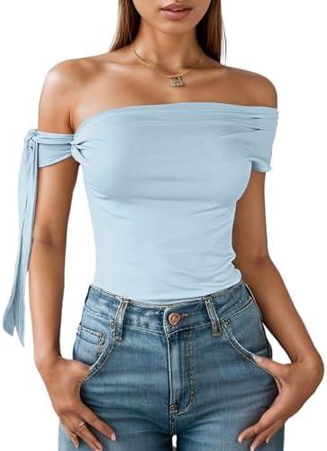 DIKGROP One Off The Shoulder Tops for Women Going Out Slim Fit Sexy Tie Solid Ruched Y2K Summer Tops XL