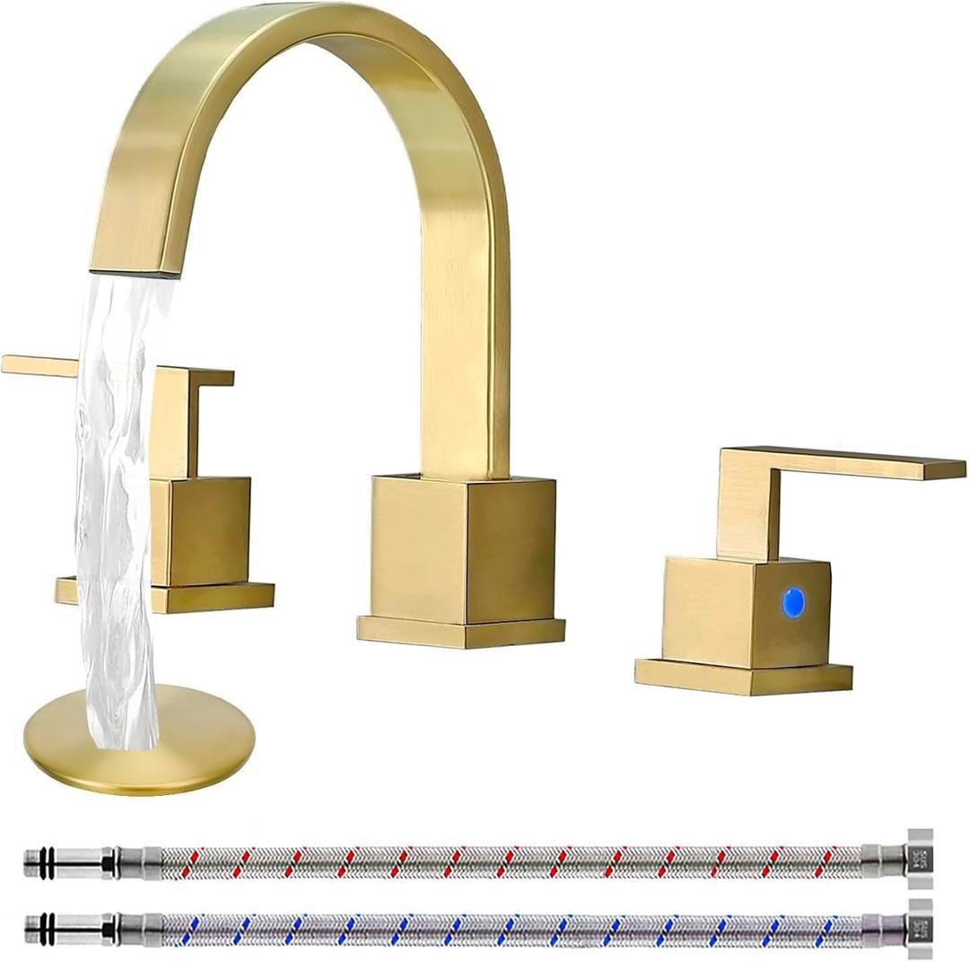 KINGO HOME Gold Bathroom Faucet, Brushed Gold Faucets Bathroom 3 Hole 8inch Widespread Waterfall 2 Handle Brass Faucets Bath Sink Vanity Faucet with Pop Up Drain and Supply Lines KINGO HOME Gold Bathroom Faucet, Brushed Gold Faucets Bathroom 3 Hole 8inch Widespread Waterfall 2 Handle Brass Faucets Bath Sink Vanity Faucet with Pop Up Drain and Supply Lines
