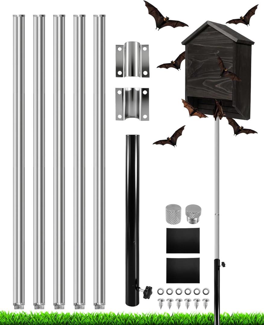 15 FT Telescoping Stainless Steel Purple Martin Bat House Pole Kit, Heavy Duty Adjustable 5-Section Pole Mount with Ground Socket, Bird Feeder Accessories for Outdoors (Silver)