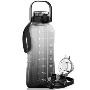 AQUAFIT 64 oz Water Bottle with Time Marker - 2in1 Straw & Chug Lid - BPA Free Big Water Bottle with Straw - Gym Water Bottle with Strap - Water Jug (64 Ounces, Midnight Gray)