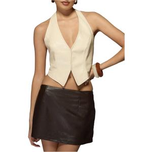 SOLY HUX Women's PU Leather Halter Tank Tops Sexy Deep V Neck Asymmetrical Vest Corset Party Clubwear Pure Apricot Medium