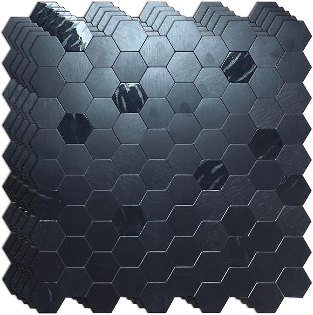 XUANINY 5-Metal Peel and Stick Backsplash Tiles, Aluminum Mosaic Sticker for Kitchen Wall Decor Hexagon Design Frosted 3D Wall Sticker(11.02"x11.5") (Black Brushed 5)