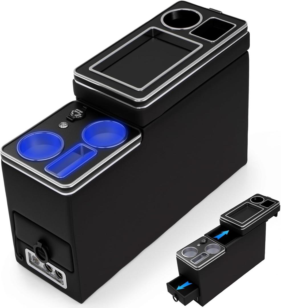 Center Console Between Seat Organizer for Minivans,SUVs,with Dual USB charging at the front and back,ambient lighting and drawers for Minivan&SUVs, Middle Van Floor Console Organizer Storage Box Black