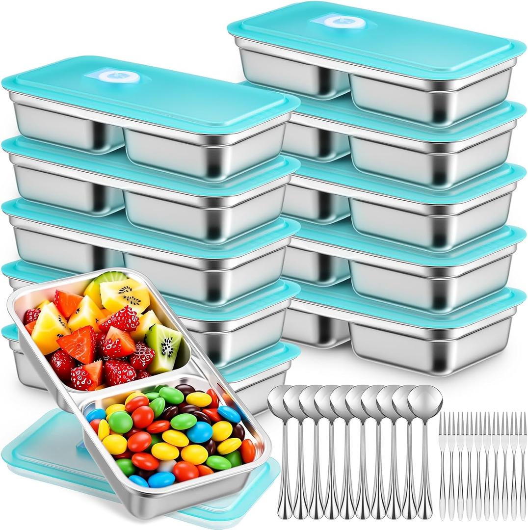 10 Set Stainless Steel Snack Containers with Lid Spoon and Fork Grab and Go Double Compartment Food Lunch Containers Reusable Bento Salad Dip Boxes for Travel Office Picnic Camping