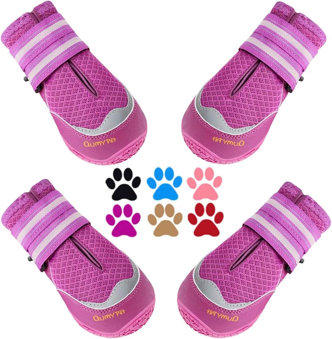 QUMY 4PCS Dog Boots for Large Dogs, Medium Dog Shoes & Paw Protectors for Hot Pavement, Summer Heat Protection, Mesh Breathable Nonslip Dog Booties for Hardfloors, Walking Running Hiking Purple Size 1