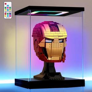 Clear Acrylic Display Case with Light for Lego Helmet, Multiple Color Lights Dustproof Protection Display Box for Collectibles Action Figures779inch (Black)