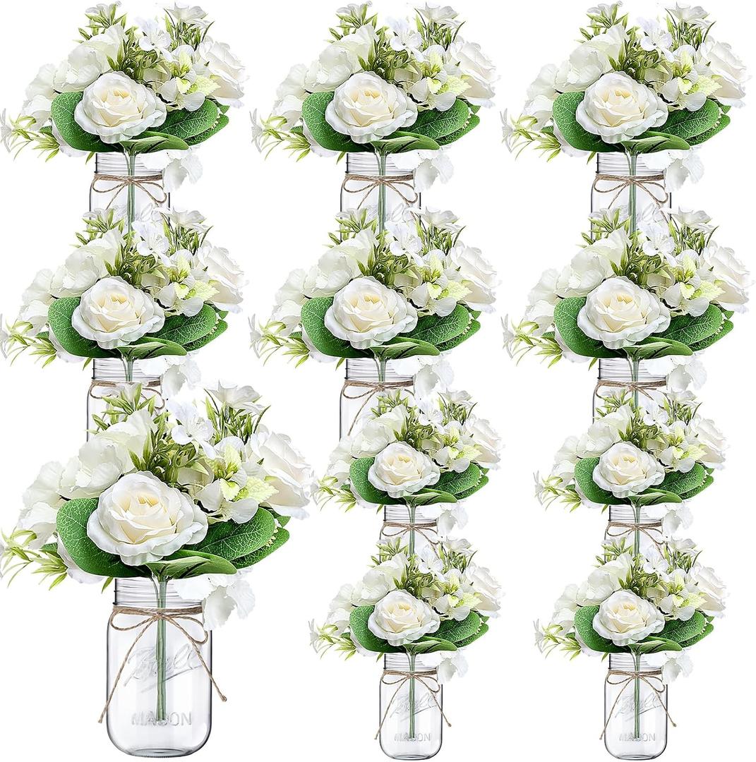10 Sets Mason Jars Flower Table Centerpiece with White Rose Hydrangea Artificial Flowers Jars for Wedding Engagement Dining Party Kitchen Living Baby Bridal Shower