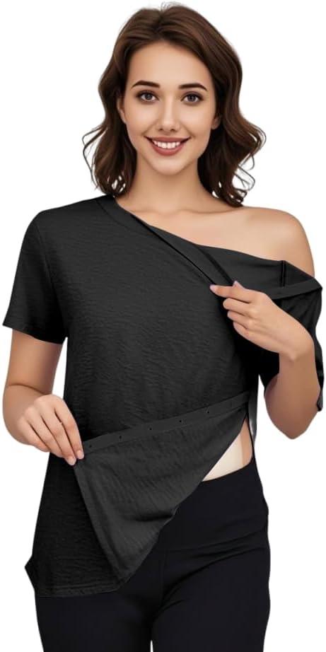 Women's Post Shoulder Surgery Tear Away Shirt Short Sleeve Side Snap Chemo Port Postpartum Shirts Adaptive Clothing (Black, S)