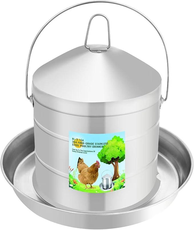 304 Food Grade Stainless Steel Automatic Chicken Waterer 8L/2.1Gal, 304 Food Grade Stainless Steel