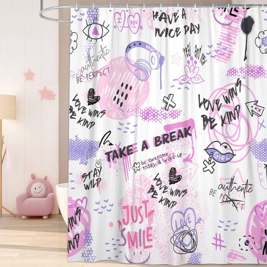 Abstract Pink and Purple Shower Curtain for Girls, Inspirational Quotes Shower Curtain Set for Bathroom, Fashion Women Fabric Shower Curtain Restroom Bathtub Decor Accessories with Hooks 72X 72 inch