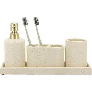 ZCCZ -Beige Bathroom Accessories Set 4 Pcs - Toothbrush Holder, Soap Dispenser, Vanity Tray, Bathroom Tumbler - Countertop Vanity Organizer - Bathroom Accessory Set- Toothbrush Holder Set, Stone Sets