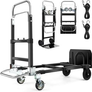 3 in 1 Convertible Hand Truck Dolly with Brakes,Heavy Duty Folding Hand Truck with 600LB Capacity,Portable Dolly Cart with Rubber Wheels and Telescoping Handles for Moving(Black)