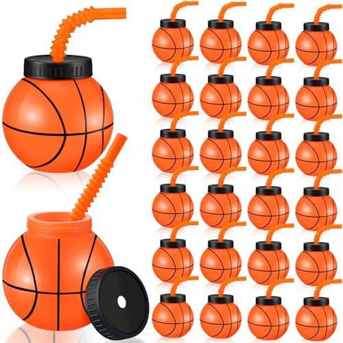 Nuanchu 24 Sets 14 oz Basketball Cups with Straws and Lids Plastic Basketball Party Cups Bulk Reusable Party Favor for Kids Birthday Sports Theme Supplies
