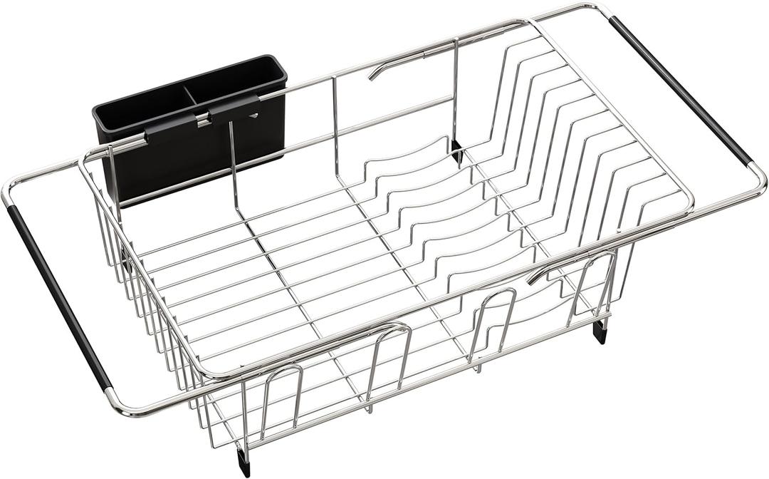 Over the Sink Expandable Dish Drainer Drying Rack In Stainless Steel for Small Kitchen, Counter Space Saving Modern Compact Metal Above Plate Dryer Strainer, Adjustable Hanging Inside Drain Holder (For 11-12"W Sink, Silver)