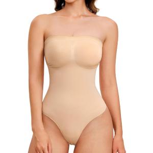 Strapless Thong Bodysuit for Women Seamless Tummy Control Shapewear Body Shaper -Removable Strap Tube Top Leotard (Small, Beige)