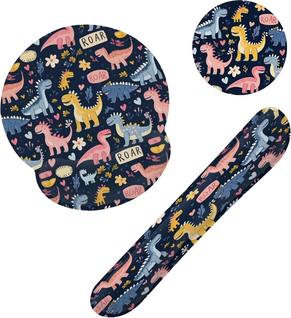 Cute Dinosaur Mouse Pad with Wrist Rest Set, 3-in-1 Wrist Support Mousepad Set, Gaming Mat Pad with Anti-Skid Base,Ergonomic Memory Foam Mouse Pad Set for Women, Office, Typing, Gaming