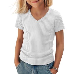 Girls Shirts Short Sleeve V Neck Ribbed Slim Fit Kids Tops Comfy Cute Summer Teen Girl Basic Tees (9-10 Years, White)