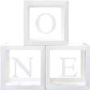 First Birthday Decoration for Baby Boy or Girl, Balloon 'ONE' Boxes for 1st Birthday, Clear Cube Blocks Party Decor With One Letters, 3 Pcs ONE Balloon Boxes for Cake Smash Backdrop, Photoshoot Props