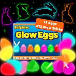 PartySticks 72 Easter Glow Eggs & 216 mini Glow Sticks 288pcs total, Glow-in-the-Dark Kids Teens Adults Easter Basket Stuffers Fillers Gift for Hunt Game, Party Favors, Boys Girls Classroom Prizes