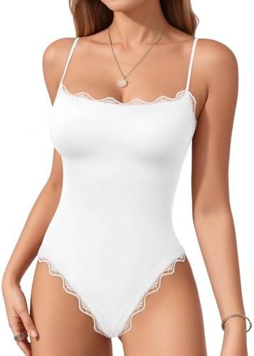 MANGOPOP Women's Cami Thong Bodysuit Double Lined Square Neck Backless Body Suit Adjustable Spaghetti Strap Tank Tops M