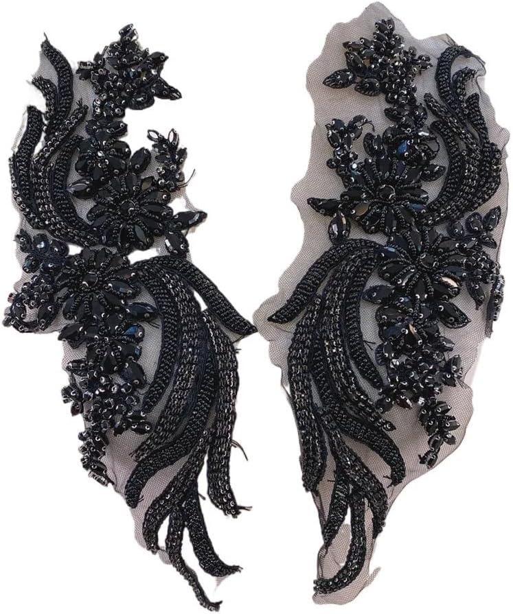 Handmade Crystal Rhinestone Applique Patches Sew on Collars for Wedding Dress (Black)