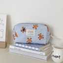 3PCS Quilted Make Up Bag Set Cute Cotton Make Up Pouch Blue Striped Bear Cosmetic Bag Set Large Travel Toiletry Bag For Women(B)