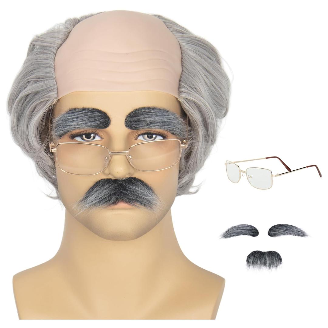 Miss U Hair Old Man Wig and Mustache Eyebrows Funny Wigs Short Grey Bald Cap With Hair On Sides Balding Grandpa Wig