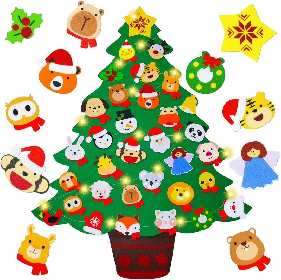 Felt Christmas Tree for Toddlers, 3.2ft Animal Theme Felt DIY Tree for Kids Wall with Lights + 33 Ornaments (Include 25 animals), Indoor Christmas Wall Hanging Decor, Kids Gifts Parties Activities
