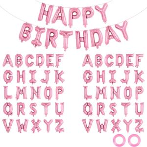 65 Pcs Pink Happy Birthday Balloons and 2 Sets A-Z Letters Foil Balloons, 16 Inch Personalized Name Happy Birthday Banners for Wedding Baby Shower Anniversary Party Decorations (Pink)