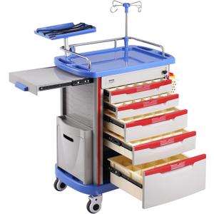 VEVOR Medical Crash Cart, Nursing Emergency Rolling Cart with 5 Drawers & 4 Silent Wheels, Adjust IV Pole, Needle Disposal Holder, Trash Bin, O2 Holder, Mobile Trolley for Hospital, Clinic, Lab, Salon
