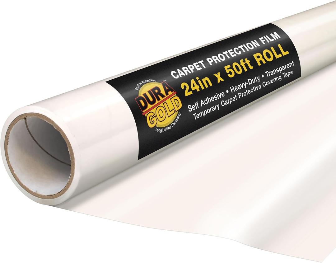 Dura-Gold Carpet Protection Film, 24-inch x 50-Foot Roll, Clear Plastic Carpet Protector, Self-Adhesive Plastic for Temporary Stair, Rug, and Floor Protection