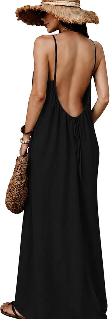 ELLEVEN Backless Cami Maxi Casual Dress Sleeveless Loose Flowy Vacation Sundress with Back Tie Black Large