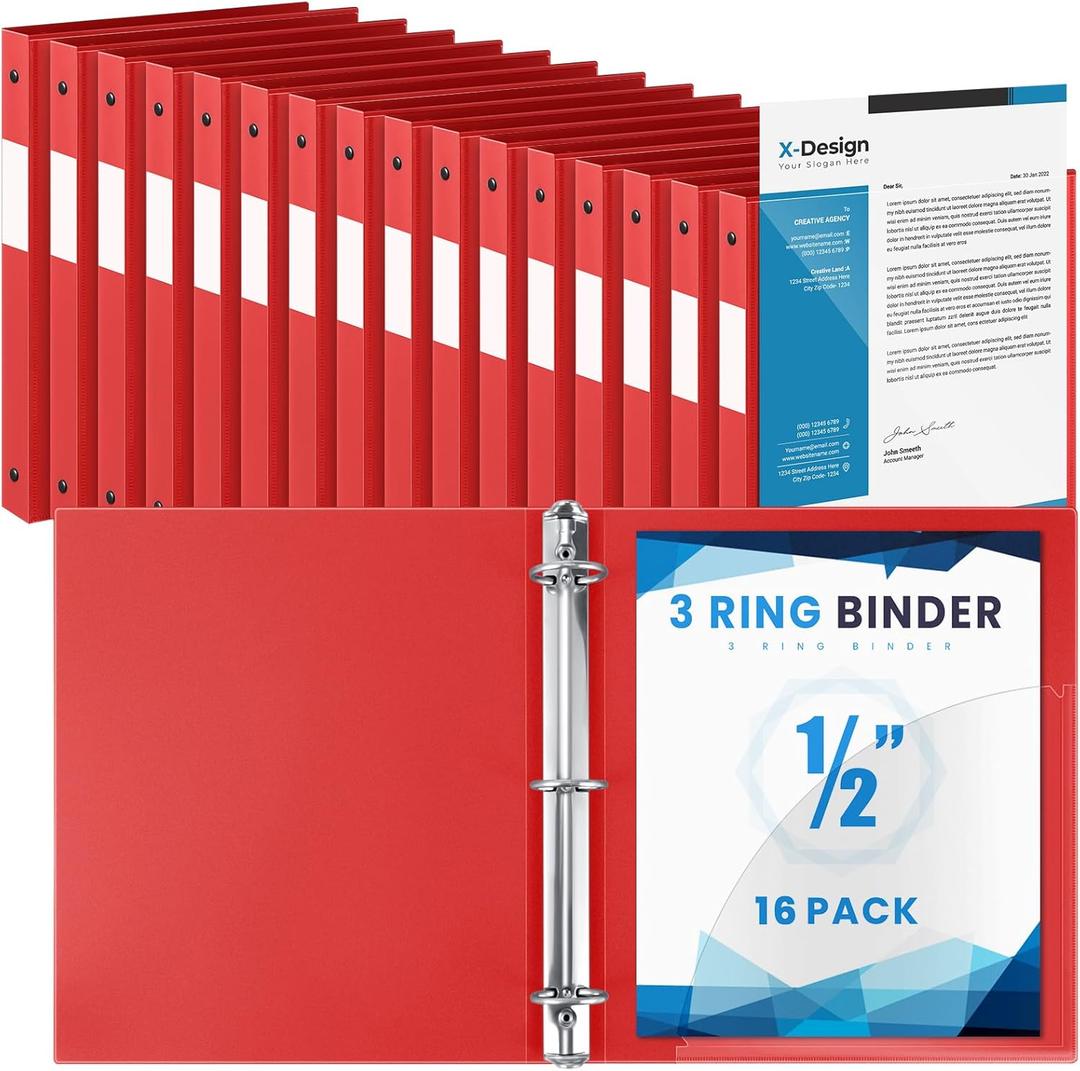 Henoyso 16 Pack 1/2 Inch 3 Ring Binder with Clear Cover Fit Letter Size 8.5" x 11" Paper Holds 140 Sheets, Bulk Binders for Organizing School, Office & Classroom Documents, 1 Pocket (Red)