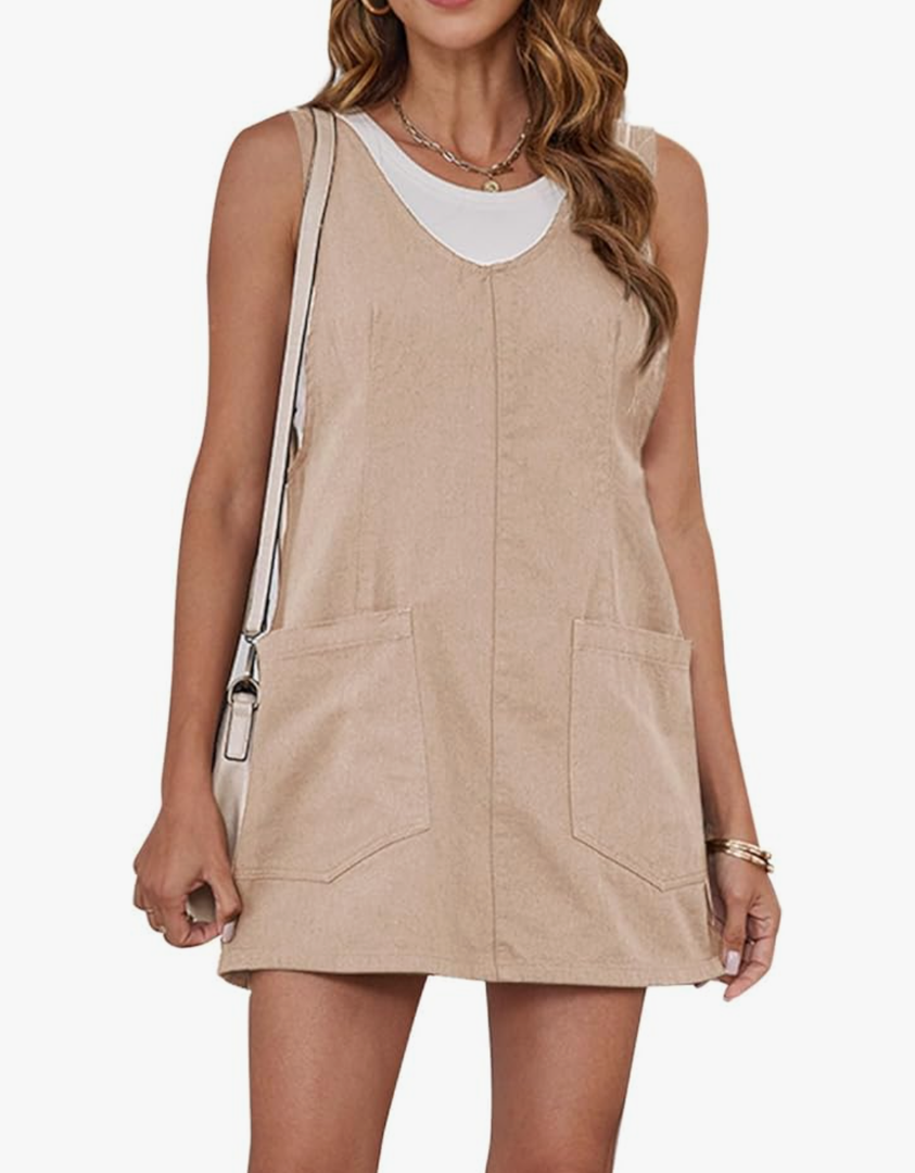 Womens High Roller Overalls Denim Dress Loose Casual Sleeveless Mini Pinafore Jean Romper Skirtall with Pockets, Large