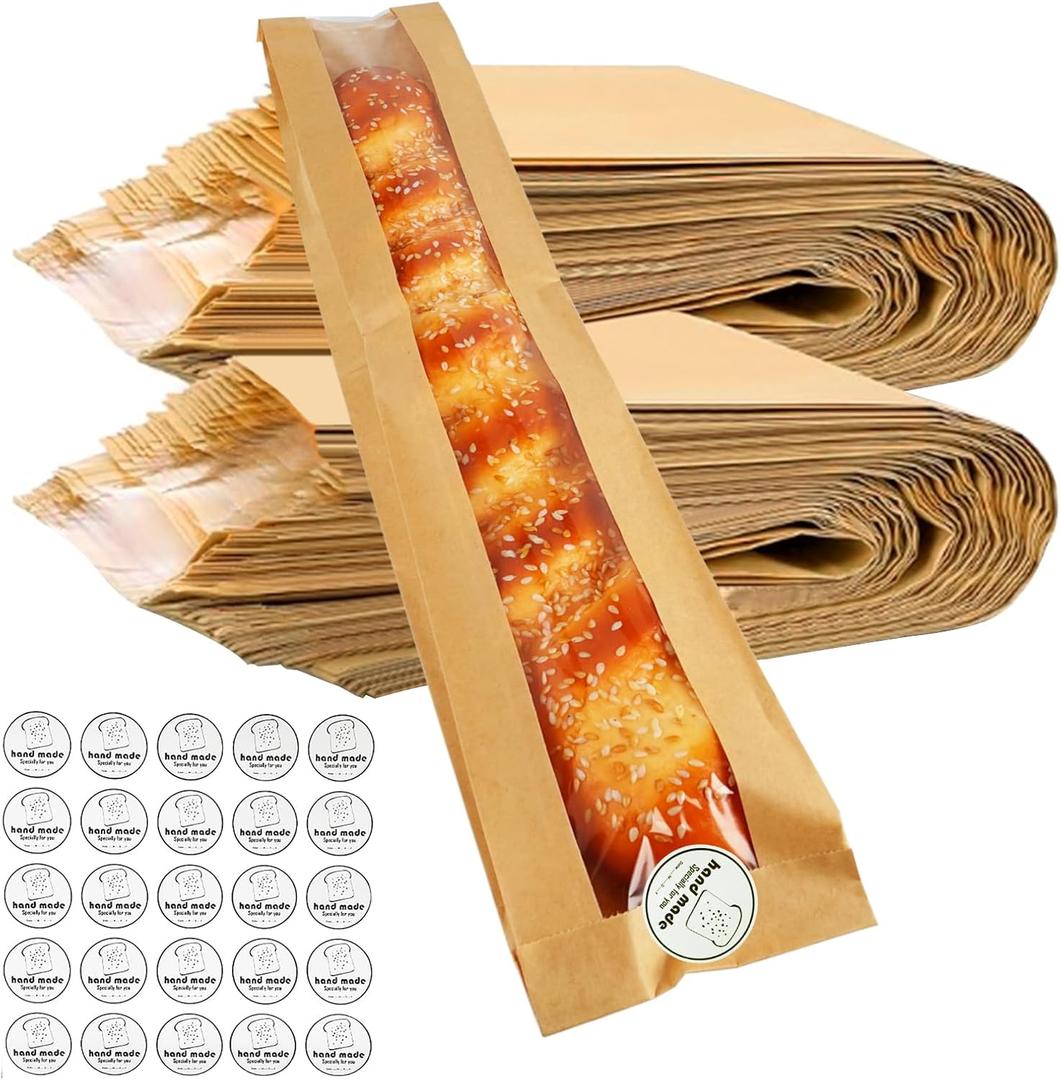 50 Pack Kraft Paper Bread Bags with Clear Window and Seal Sticker, 23.5"x3.6"x1.8", Brown, Disposable, Roll-Up Closure, Paper Construction