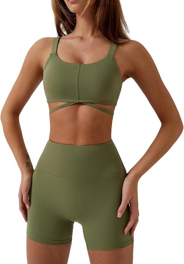 ABOCIW Workout Sets for Women 2 Piece Twist Front Halter Sports Bras High Waist Biker Shorts Exercise Gym Yoga Outfit , Size M