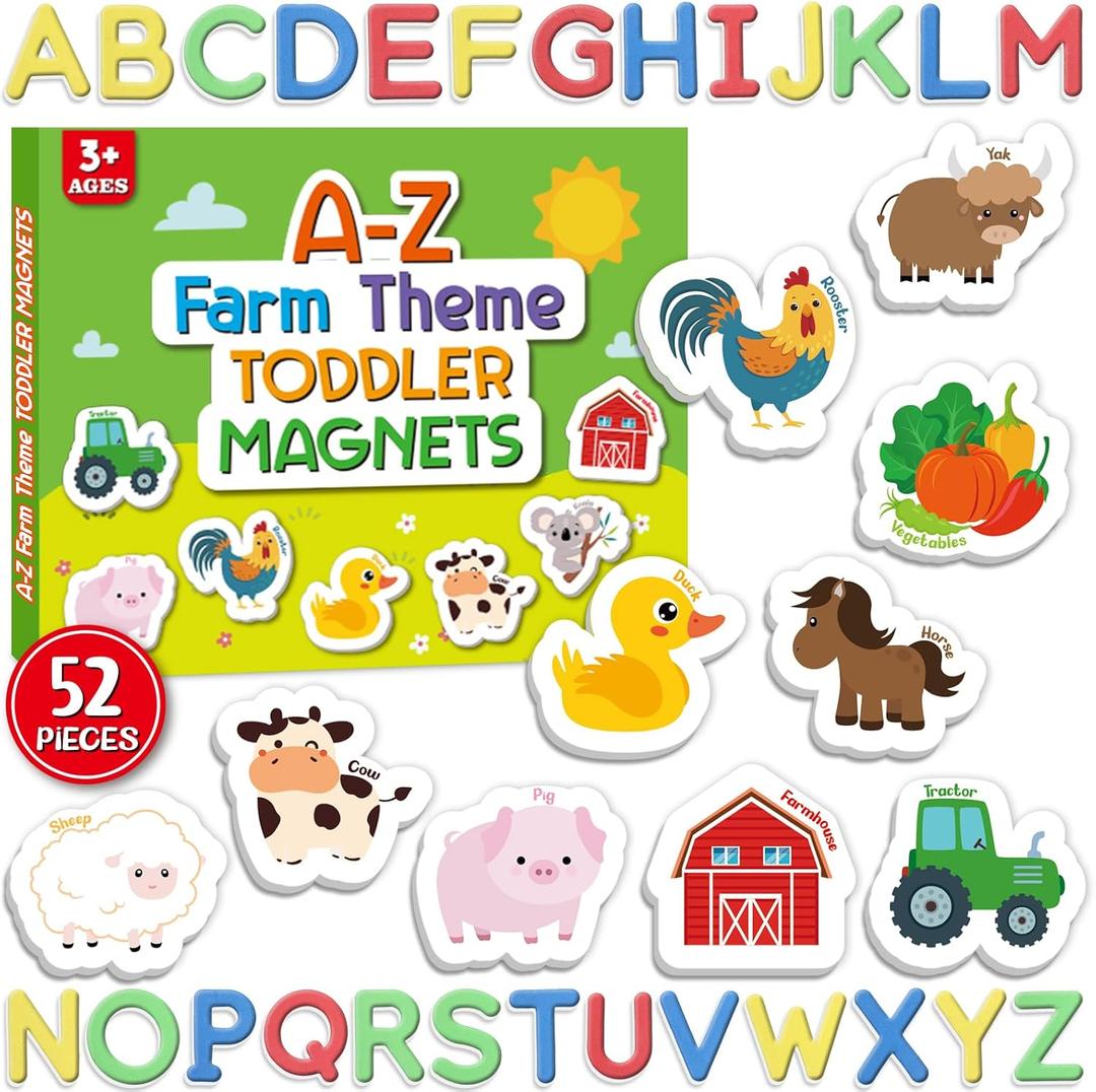 Toddler Magnets Farm Animal Fridge Magnets for Toddlers 1-3 Set of 52 Refrigerator Magnets for Kids with 26 Farm Animals and 26 ABC Magnetic Letters Foam Alphabet Learning Set for Kids