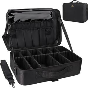 Relavel Makeup Case Large Makeup Bag Professional Train Case 16.5 inches Travel Cosmetic Organizer Brush Holder Waterproof Makeup Artist Storage Box, 3 Layer Large Capacity, with Adjustable Strap (Black)