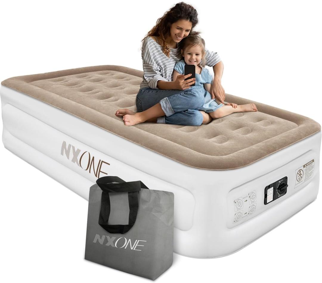 NXONE Air Mattress,Inflatable Single Airbed Luxury Double High Self Inflation Deflation Twin Air Mattress with Electric Built-in Pump, Blow Up Guest Bed for Home Portable Camping Travel,550lb (Brown)