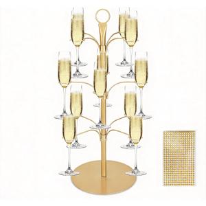 Cocktail Tree Stand for Party, Metal Drink Tower with 3 Tier 12 Holders, Bar Drinks Tree Display Wine Glasses Holder Suitable for Champagne Cocktails Martini at Christmas Weddings Bridal Shower (Gold)