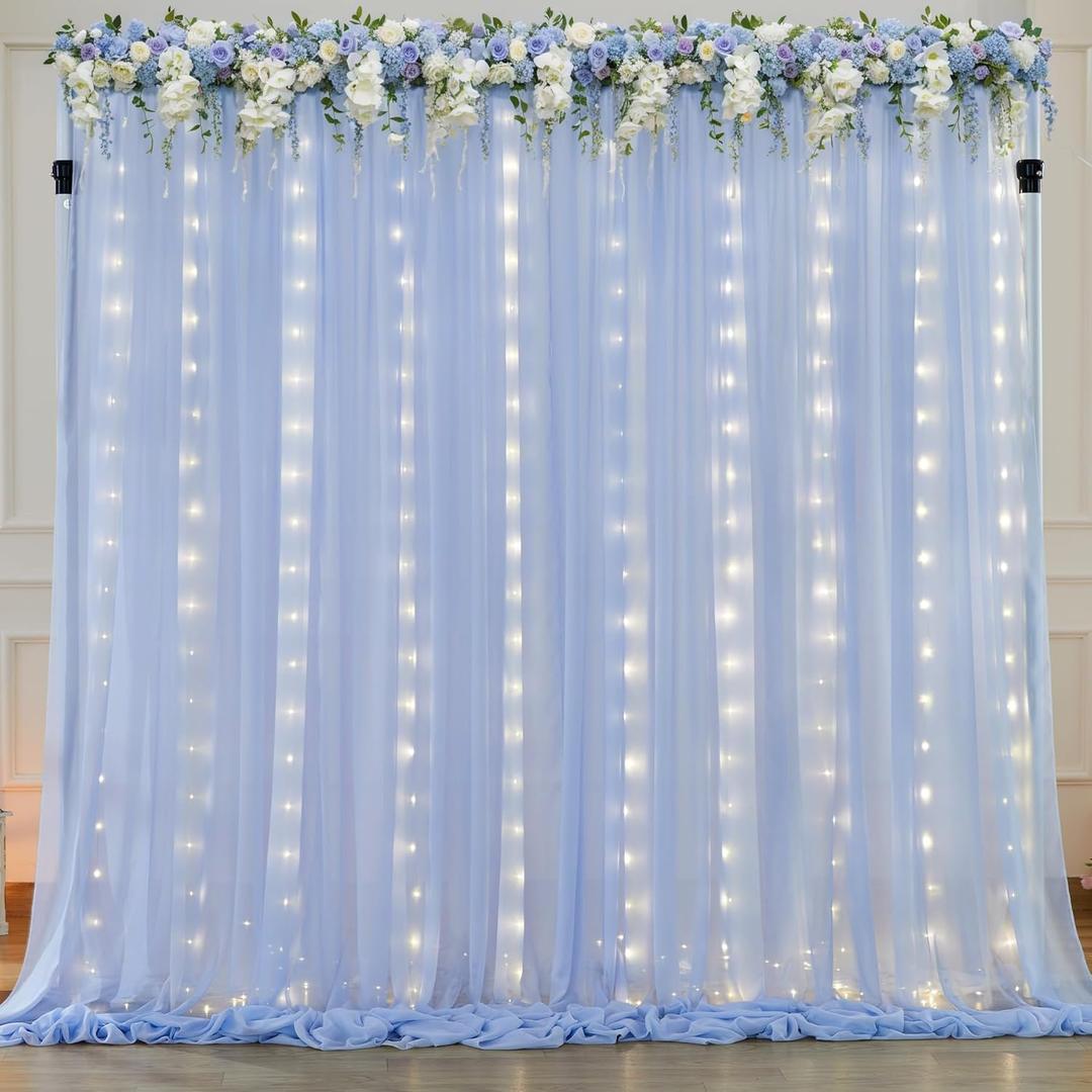 10ft x 7ft Baby Blue Chiffon Backdrop Curtain with Lights String for Parites Wedding Light Blue Curtain Photo Backdrop Drapes for Baby Shower Birthday Party Home Decorations