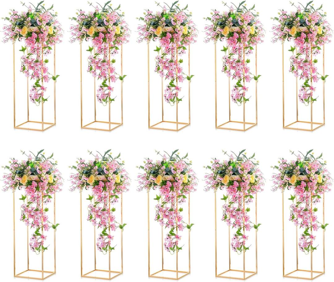 Nuptio 10 Pcs Gold Vase Metal Column Stand Road Lead Geometric Centerpiece Vase for Tables, 31 inch Tall Floor Vases Decorative Tall Flower Rack for Home Event Party Wedding Decorations for Reception (31" H x 10 Pcs)