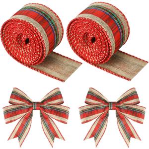 2 Rolls 12 Yards Christmas Buffalo Plaid Ribbons Burlap Wired Edge Plaid Ribbons 1.5 Inch Width Check Gingham Fabric Craft Ribbon for DIY Bows Wrapping Decoration (Green-Red)