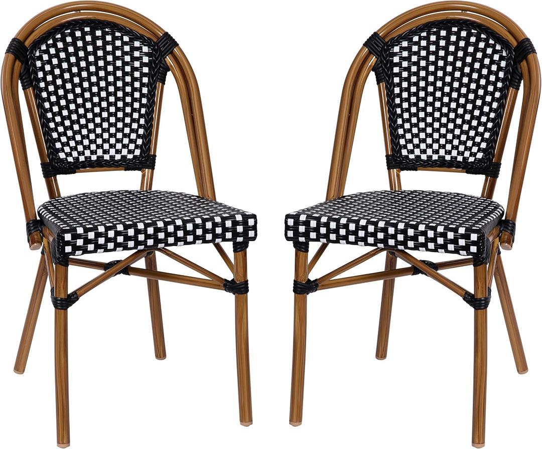 Flash Furniture Bordeaux Set of 2 Indoor/Outdoor Commercial Bistro Stack Chairs - Black/White PE Rattan Back and Seat - Natural Bamboo Print Aluminum Frame