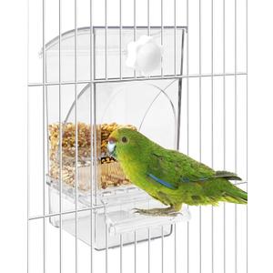 BNOSDM No Mess Bird Feeder Transparent Bird Food Container Automatic Parrot Feeder with Perch Parakeet Cage Accessories for Budgies, Canaries, Cockatoos, Finch and Lovebirds